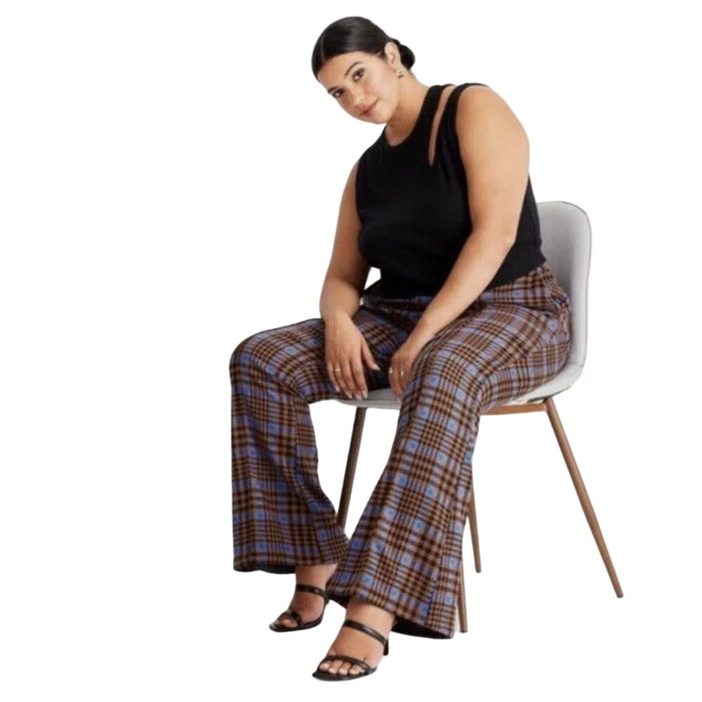 FUTURE COLLECTIVE Women Houndstooth‎ Brown Plaid High Rise Flare Pants Size 0